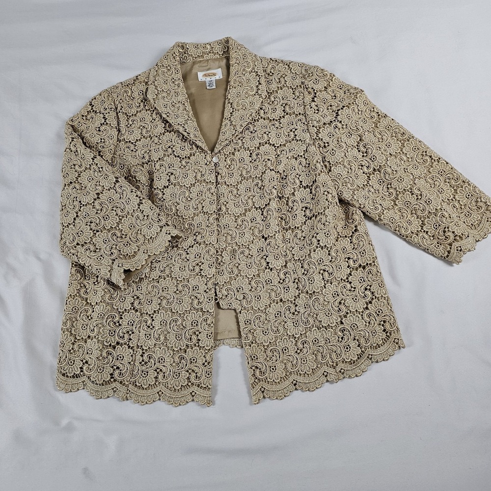 Talbots Tan Gold Metallic Lace Blazer Jacket‎ Fully Lined  Size 14 W